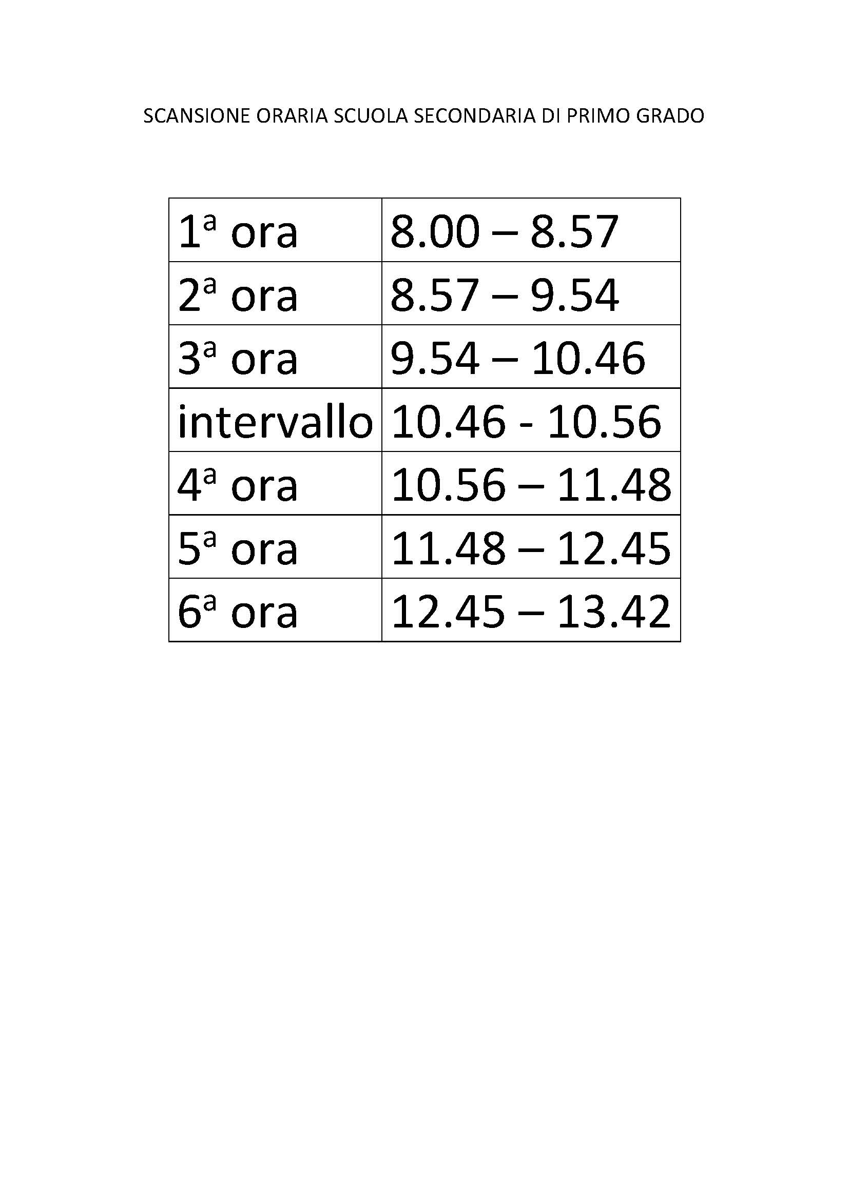 Scansione oraria Scuola Secondaria di Primo grado