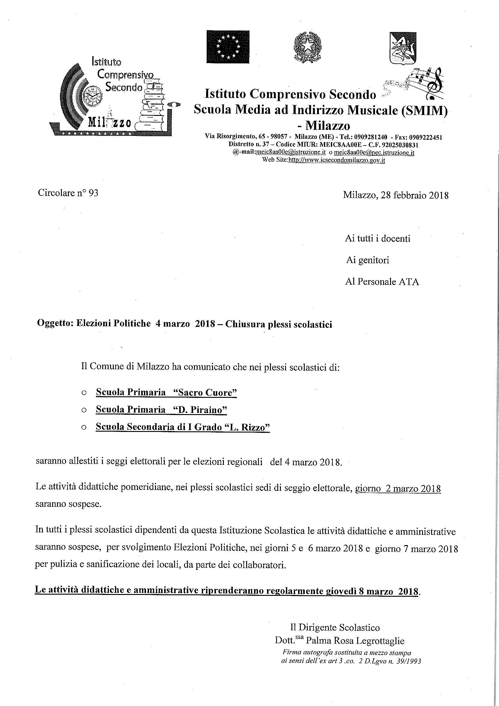 circolare n. 93 chiusura plessi per elezioni politiche