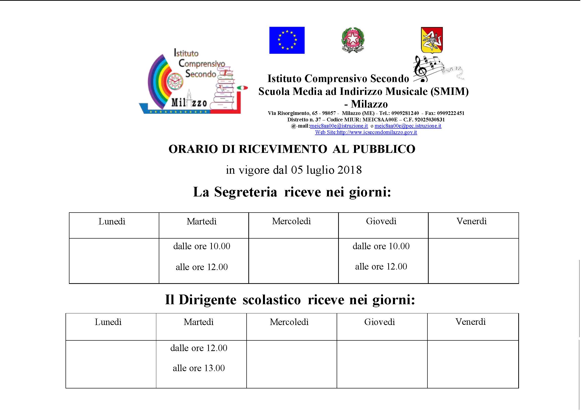 Orario di ricevimento al pubblico AS 2017 2018