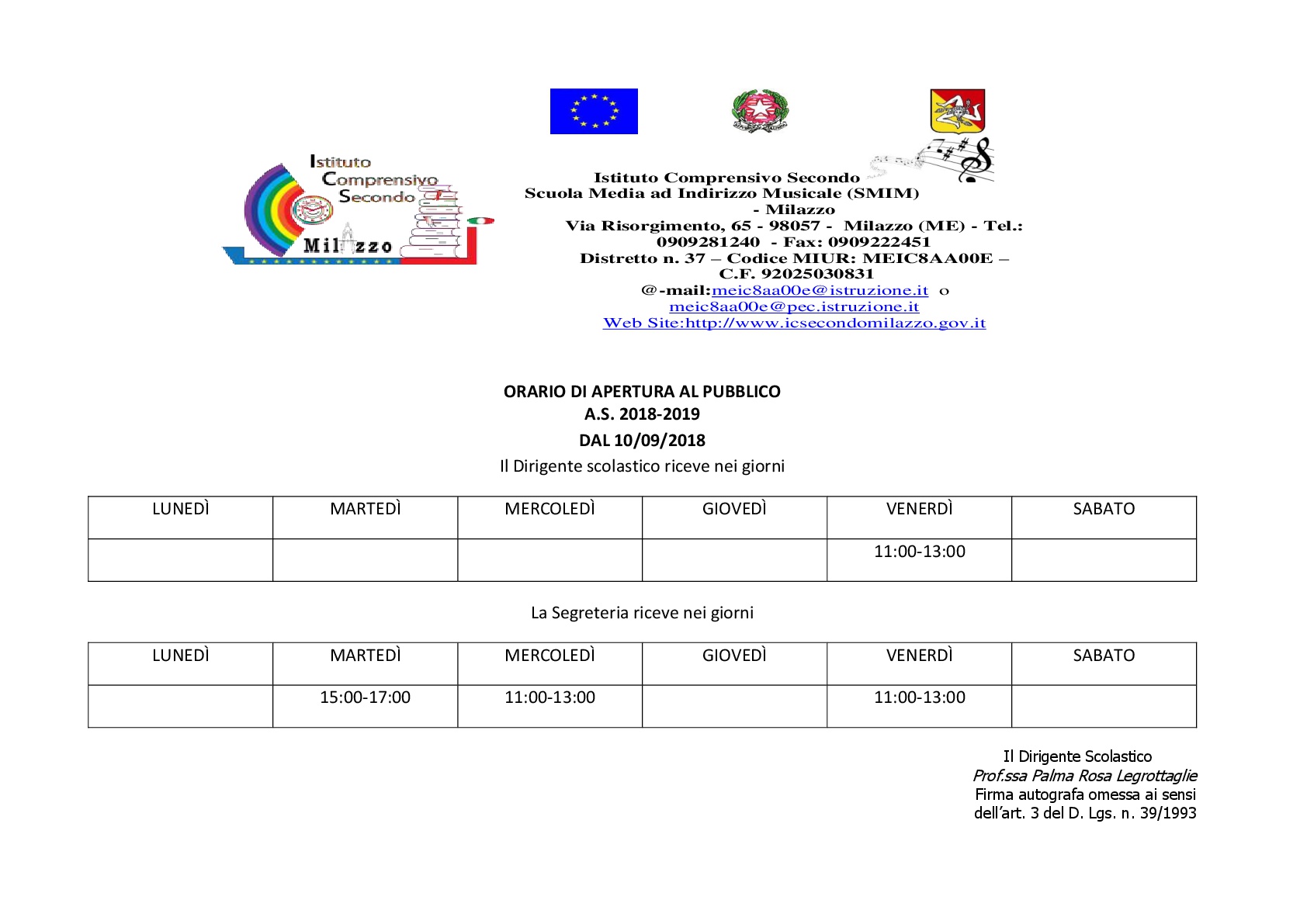 ORARIO DI APERTURA AL PUBBLICO 001